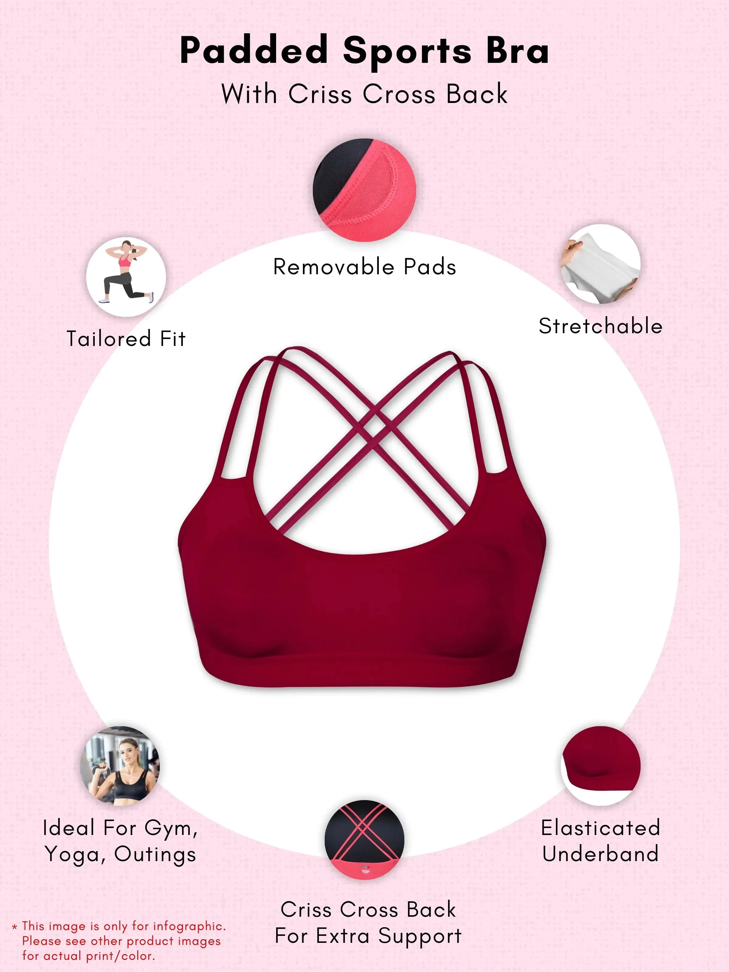Criss Cross Back Skin Sports Bra - Full Coverage, Cotton, Removable Padding & Supportive Elastic Underband