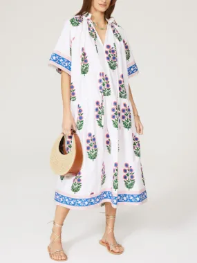 Pink Poppies Print Cotton Midi Dress