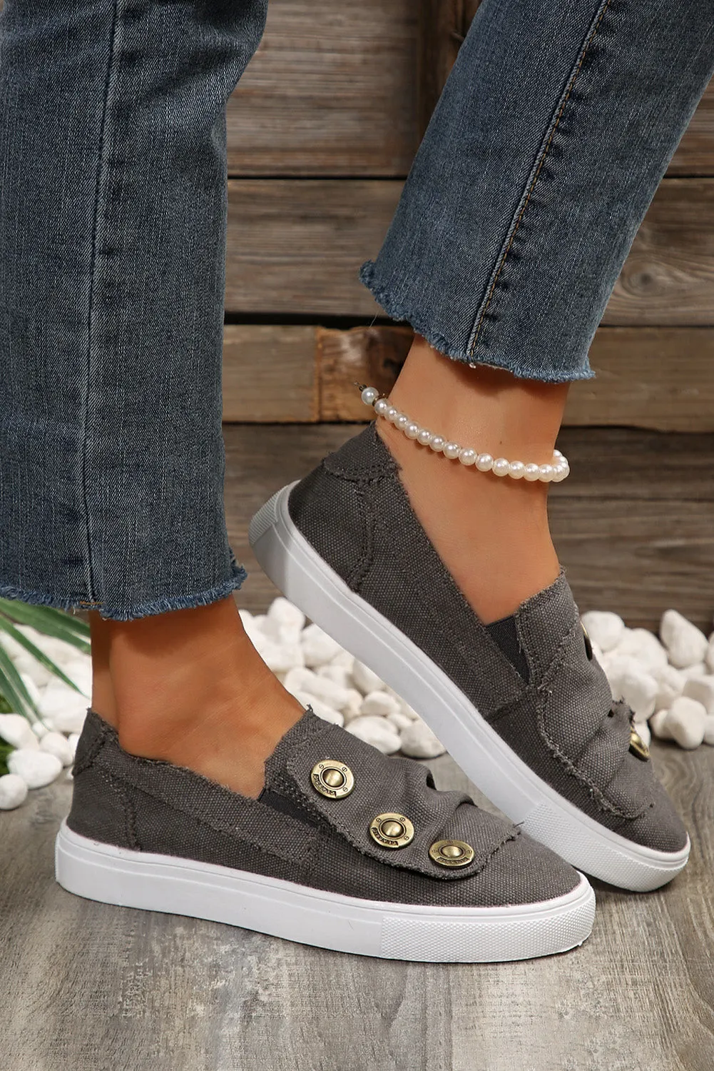 Sky Blue Button Decor Round Toe Distressed Flats
