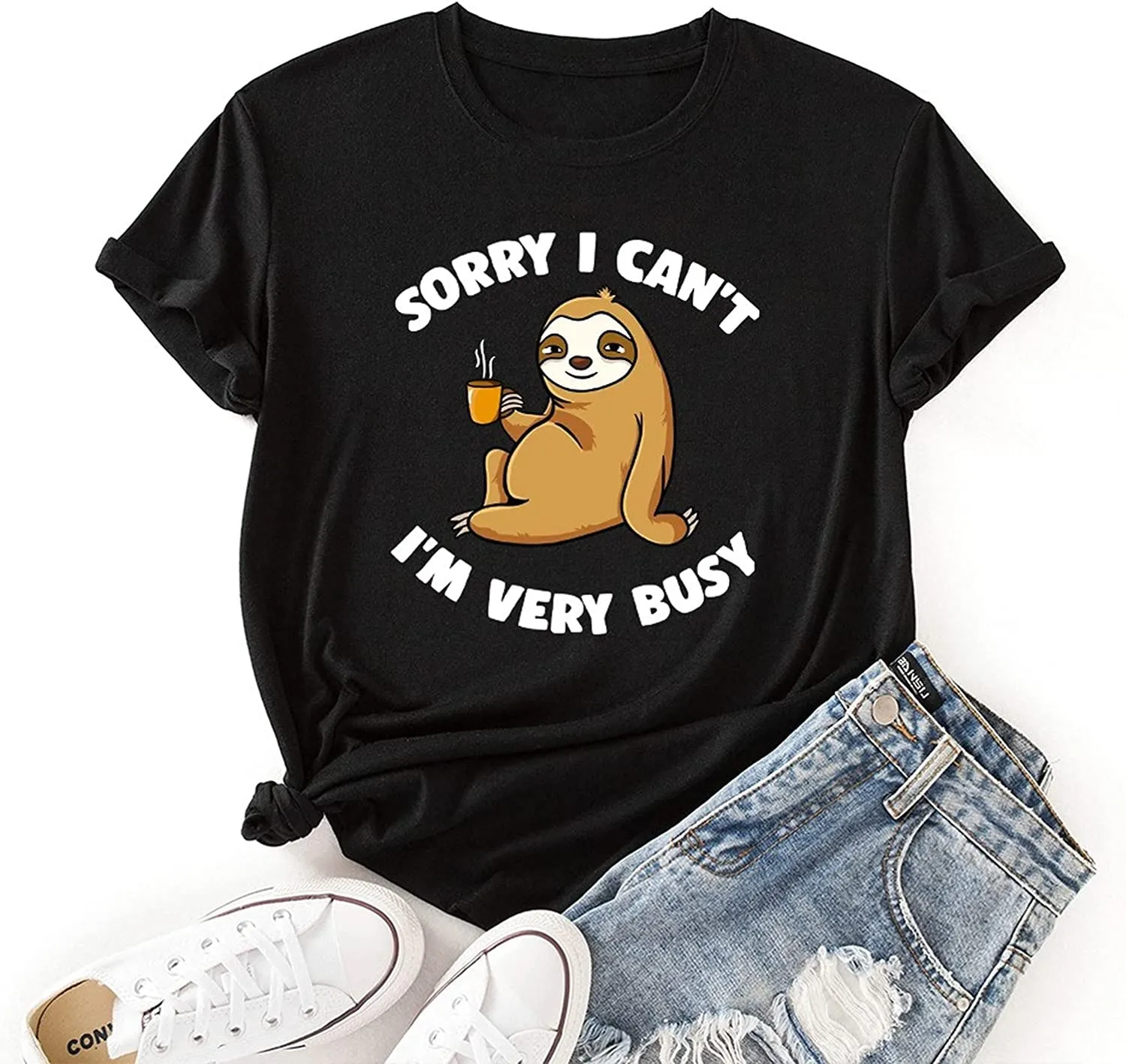 Women Sorry I Can't, I'm Very Busy Sloth Short Sleeve T-Shirt Sloth Coffee Shirt